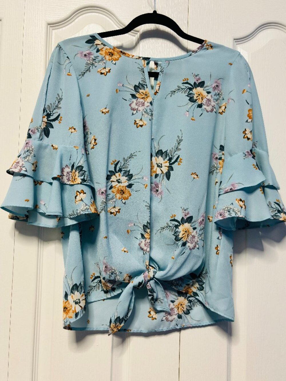 Sara Michelle Floral Cold Shoulder Ruffle Top Light Blue Small